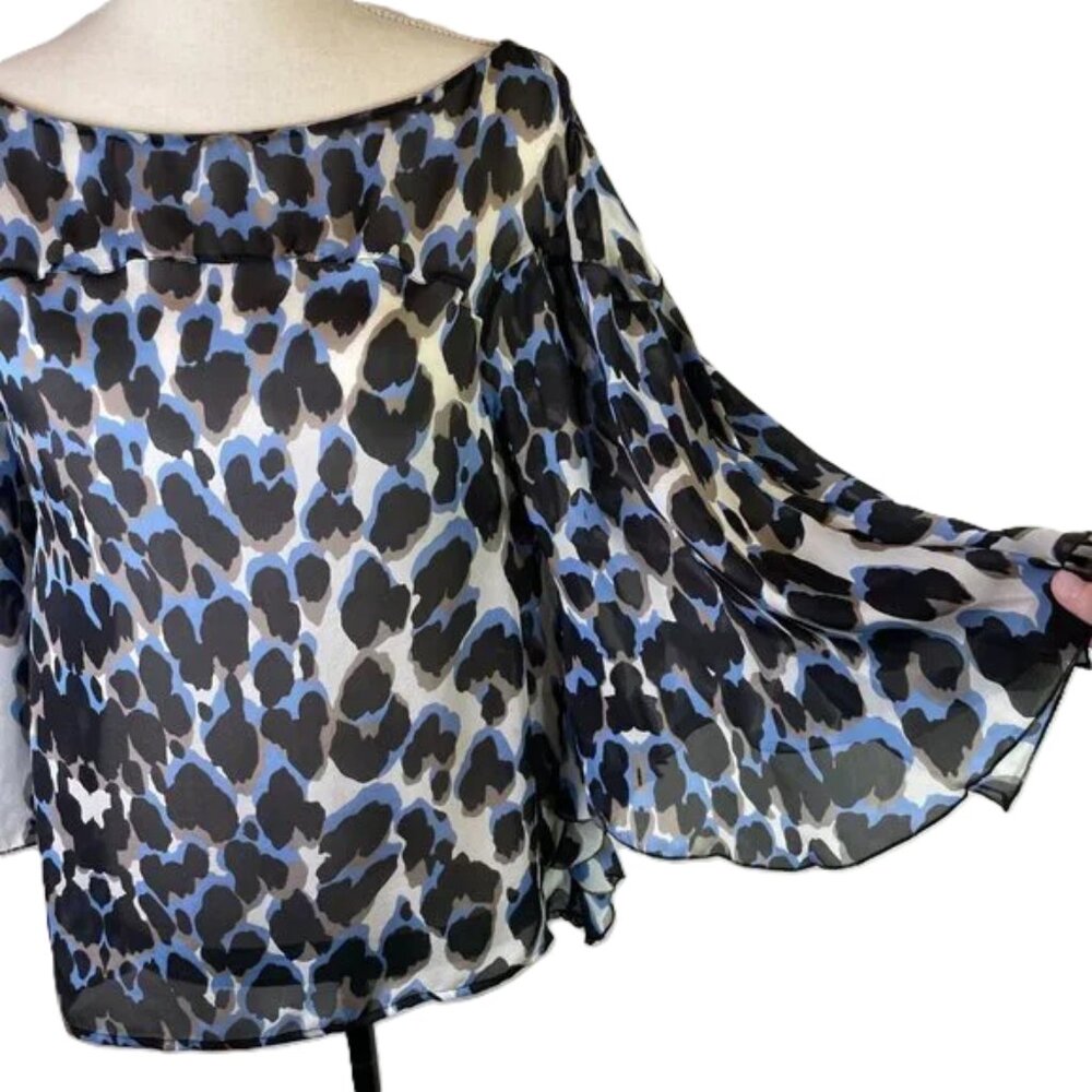 Robert Cavalli Blue Black Leopard Print Silk Blouse Bell Sleeve Sheer Size XS - Picture 2 of 13
